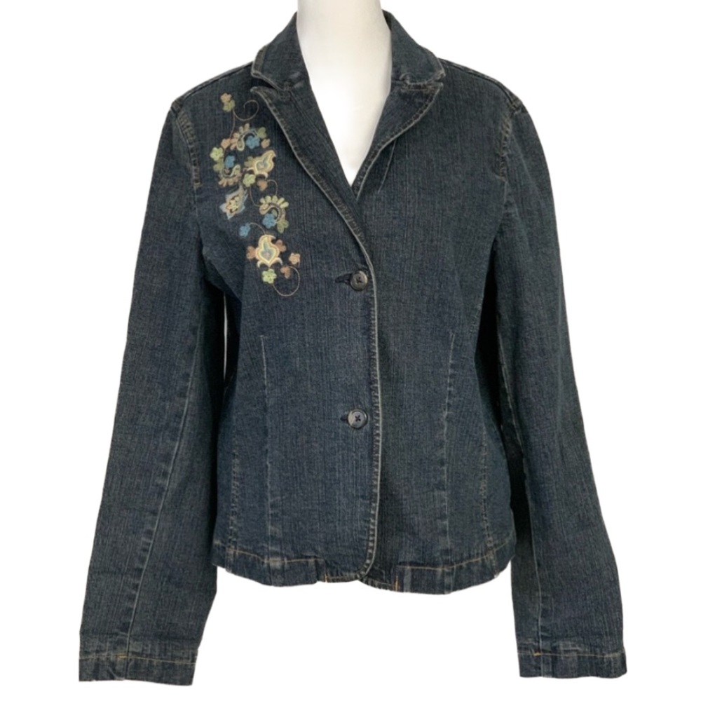 CASUAL CORNER ANNEX PETITE STRETCH Cotton Floral Embroidered Jean Jacket